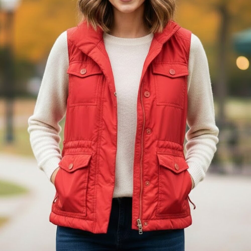 Liz Claiborne Women’s Red Puffer Vest Small Utility Drawstring Pockets Outdoor‎